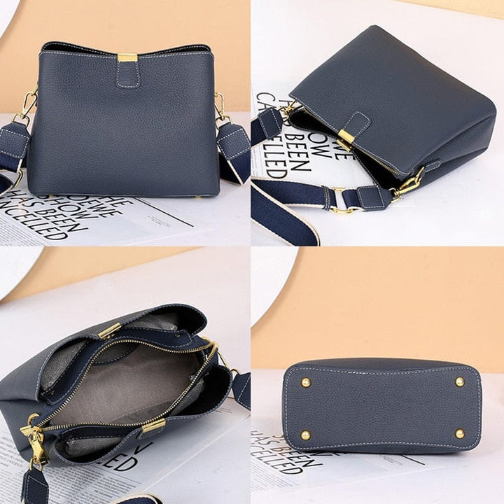 Sac bandoulière femme en cuir véritable, vue de côté, montrant l'épaisseur et la structure. Durable et bien conçu.