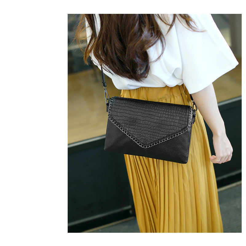 Gros plan texture sac bandoulière noir effet croco en cuir végan, style sophistiqué.