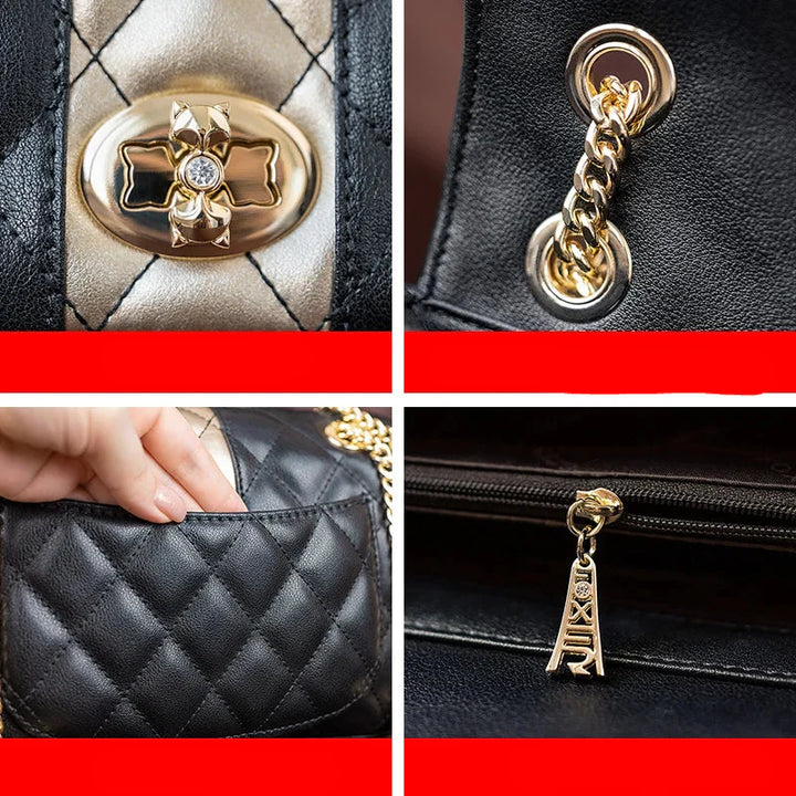 Gros plan sur la texture matelassée du sac bandoulière en cuir noir, montrant la qualité du cuir. Indispensable pour femme chic.