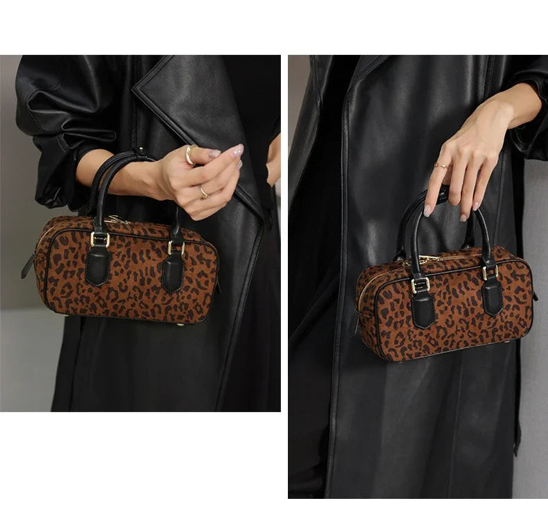 Sac Nala en daim léopard pour femme. Petit sac bandoulière chic, élégant et moderne, accessoire tendance.