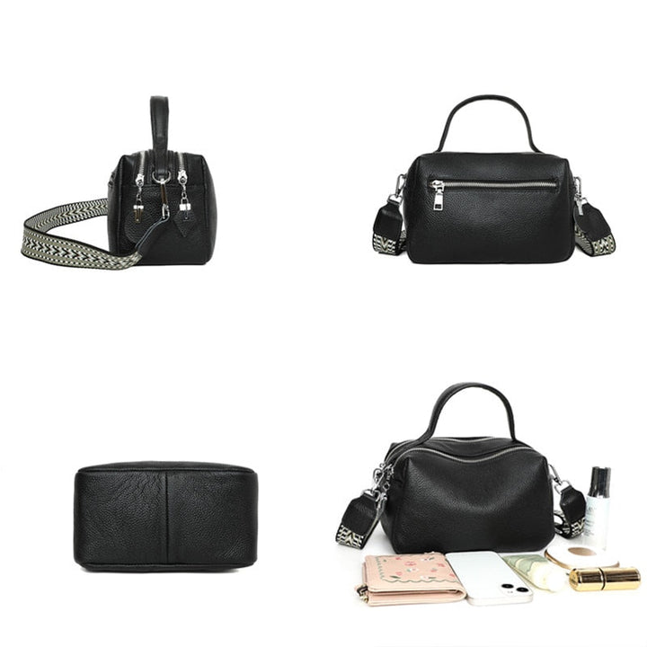 Sac bandoulière chic en cuir noir souple pour femme, design épuré, accessoire intemporel et élégant.