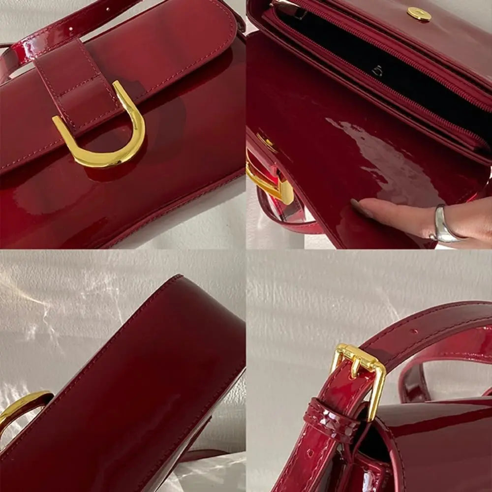 Femme élégante portant le sac bandoulière rouge Cléa à l'épaule, look chic et tendance.