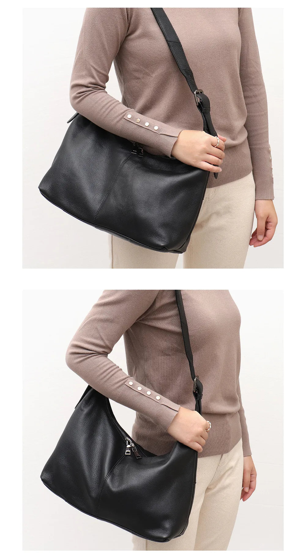Sac élégant en cuir synthétique souple noir, avec bandoulière réglable pour femmes