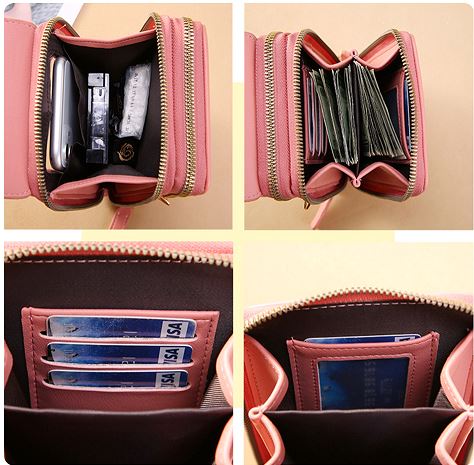 Sac bandoulière femme en cuir vegan noir, design épuré, fenêtre tactile pour smartphone, très pratique.