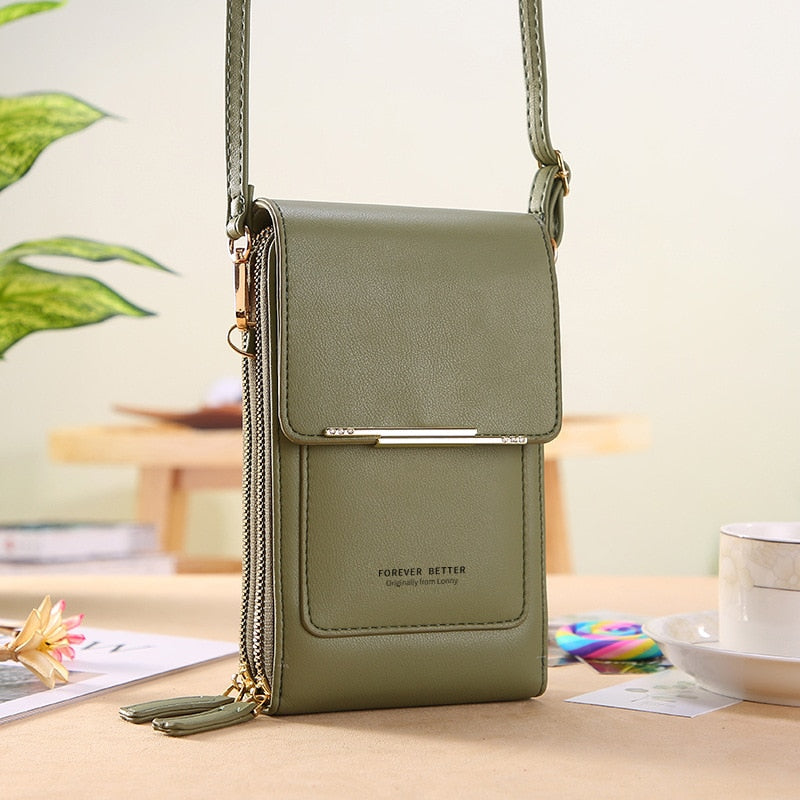 Sac bandoulière élégant et pratique pour femmes, avec zone tactile pour smartphone et rangements.