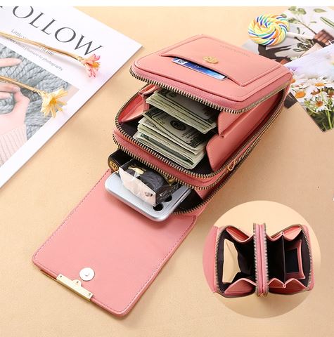 Sac pochette tactile élégant pour femme, idéal pour ranger téléphone, cartes et maquillage.