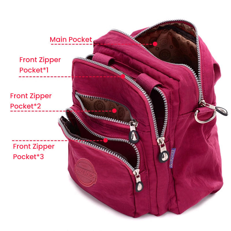 "Sac bandoulière femme imperméable 3-en-1, élégant, couleurs variées, design polyvalent, poches zippées, style chic."