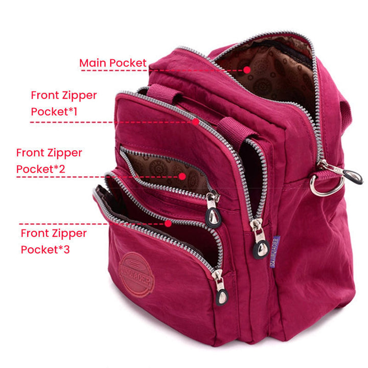"Sac bandoulière femme imperméable 3-en-1, élégant, couleurs variées, design polyvalent, poches zippées, style chic."