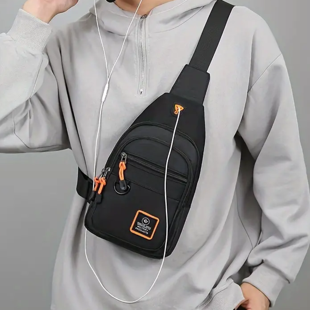 "Sac bandoulière homme moderne noir en nylon, pratique avec compartiments, bandoulière ajustable, idéal quotidien"
