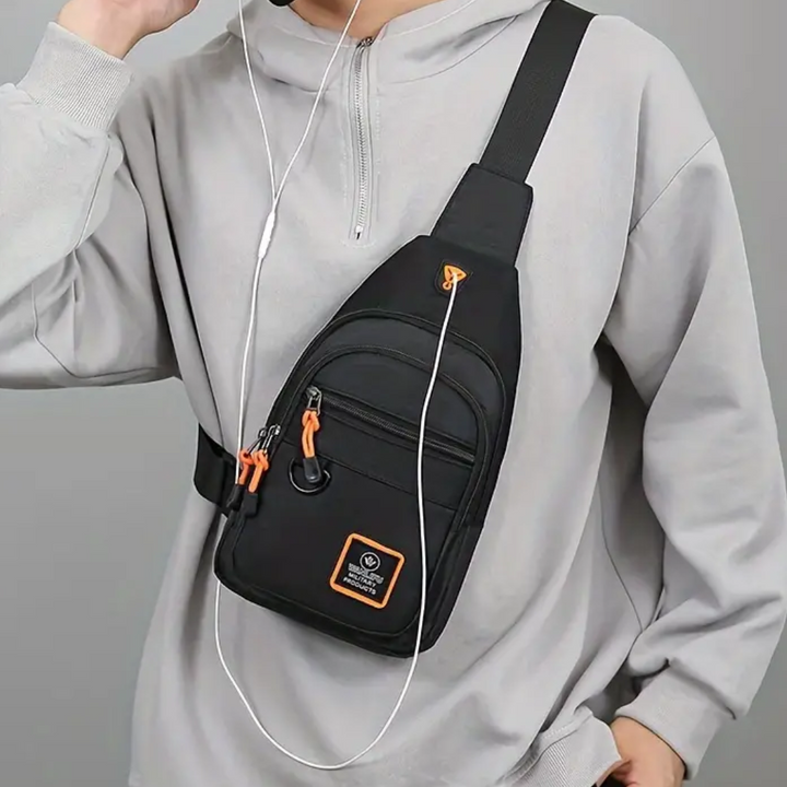 "Sac bandoulière homme moderne noir en nylon, pratique avec compartiments, bandoulière ajustable, idéal quotidien"