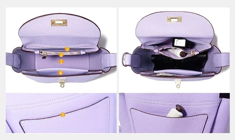 Vue de côté d'un sac à main besace en cuir, révélant sa silhouette et sa capacité de rangement.