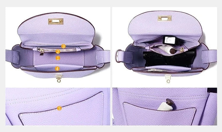 Vue de côté d'un sac à main besace en cuir, révélant sa silhouette et sa capacité de rangement.