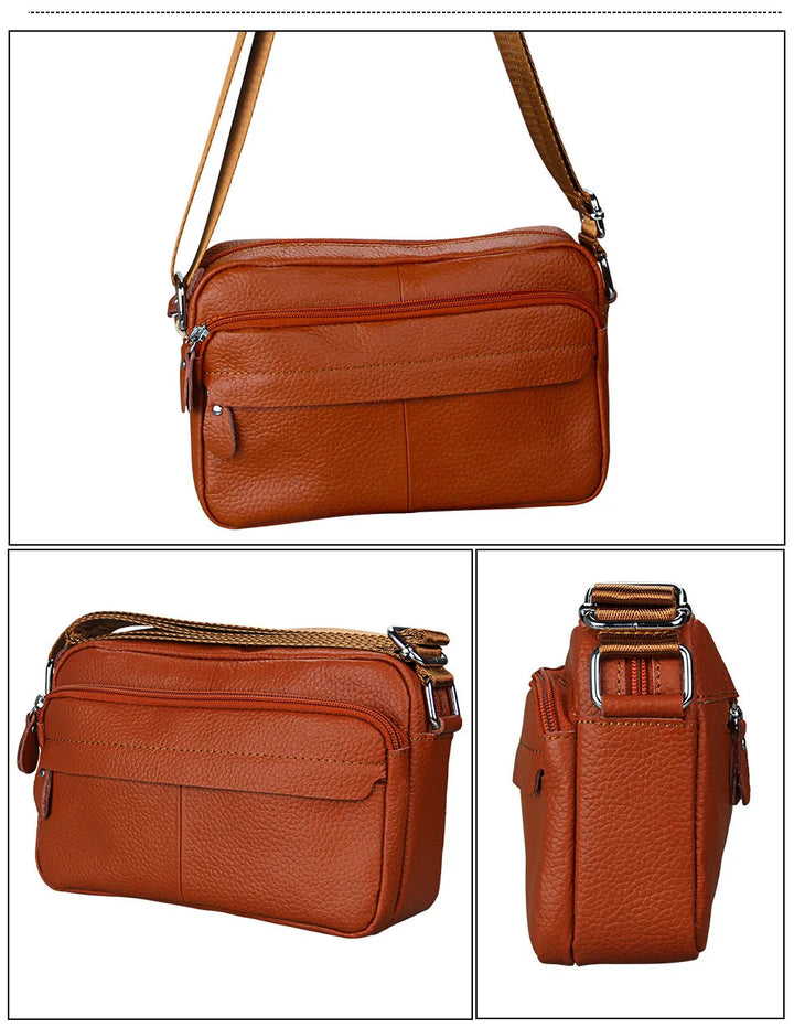 Besace marron camel en cuir synthétique pour femme, avec bandoulière ajustable. Un sac élégant et pratique.