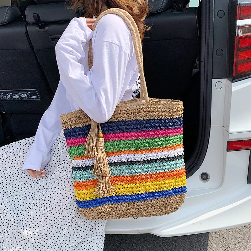 Sac cabas de plage en paille multicolore pour femmes, motif tressé, idéal été