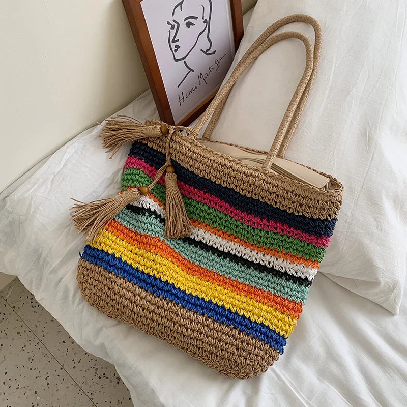 Grand sac de plage en paille multicouleur, anses solides, accessoire mode féminin