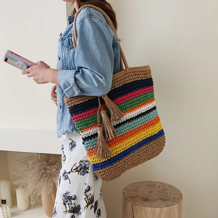 Sac cabas paille coloré pour femmes, parfait pour la plage ou les sorties estivales