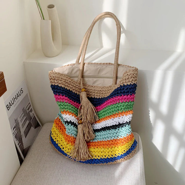 Sac paille multicolore tressé pour femme, style bohème chic, indispensable été