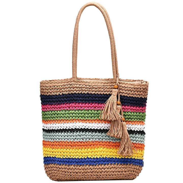 Accessoire plage femme: sac cabas en paille aux couleurs vives, motif estival
