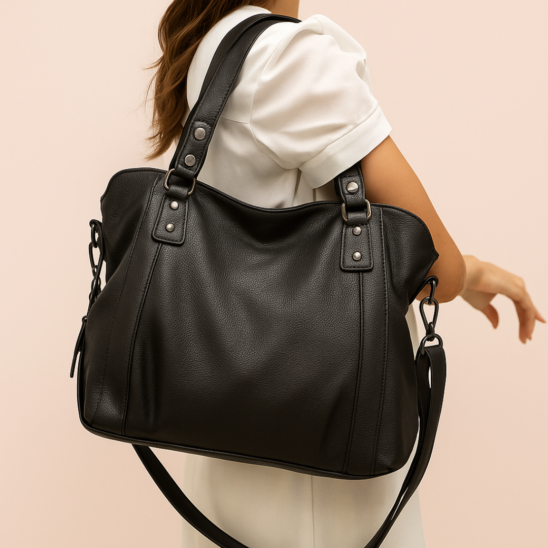 "Sac cabas en cuir PU souple noir, élégant et spacieux, avec fermeture zippée et bandoulière pour un style pratique."