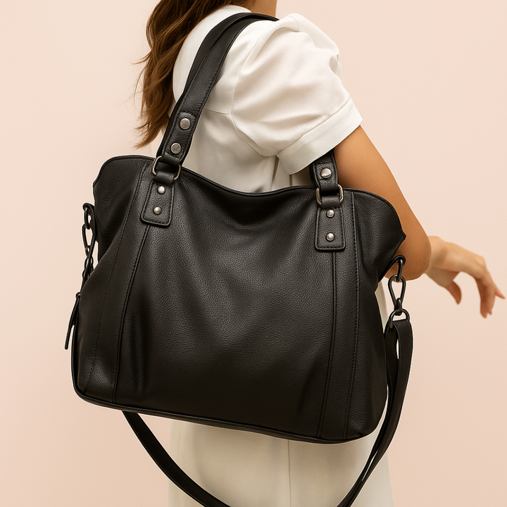 "Sac cabas en cuir PU souple noir, élégant et spacieux, avec fermeture zippée et bandoulière pour un style pratique."