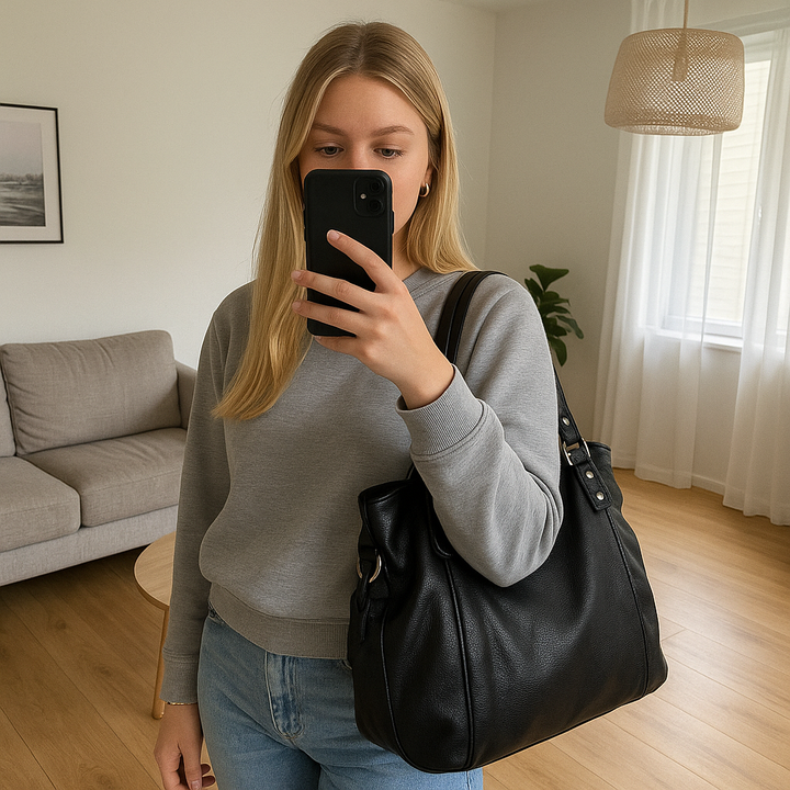 "Sac cabas en cuir PU souple noir, élégant et spacieux, avec fermeture zippée et bandoulière pour un style pratique."