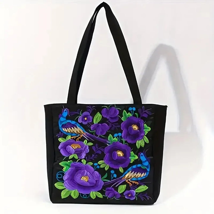 Original sac cabas femme en tissu, broderies florales et oiseaux, style bohème unique, grand et chic.