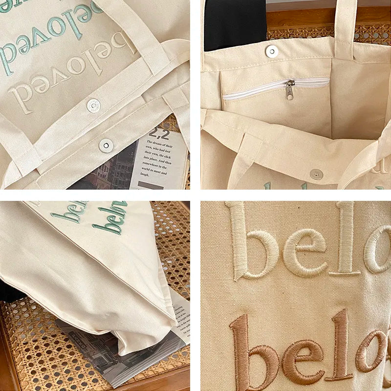 Sac bandoulière tote bag femme en toile brodée "Beloved", chic et pratique pour vos essentiels.