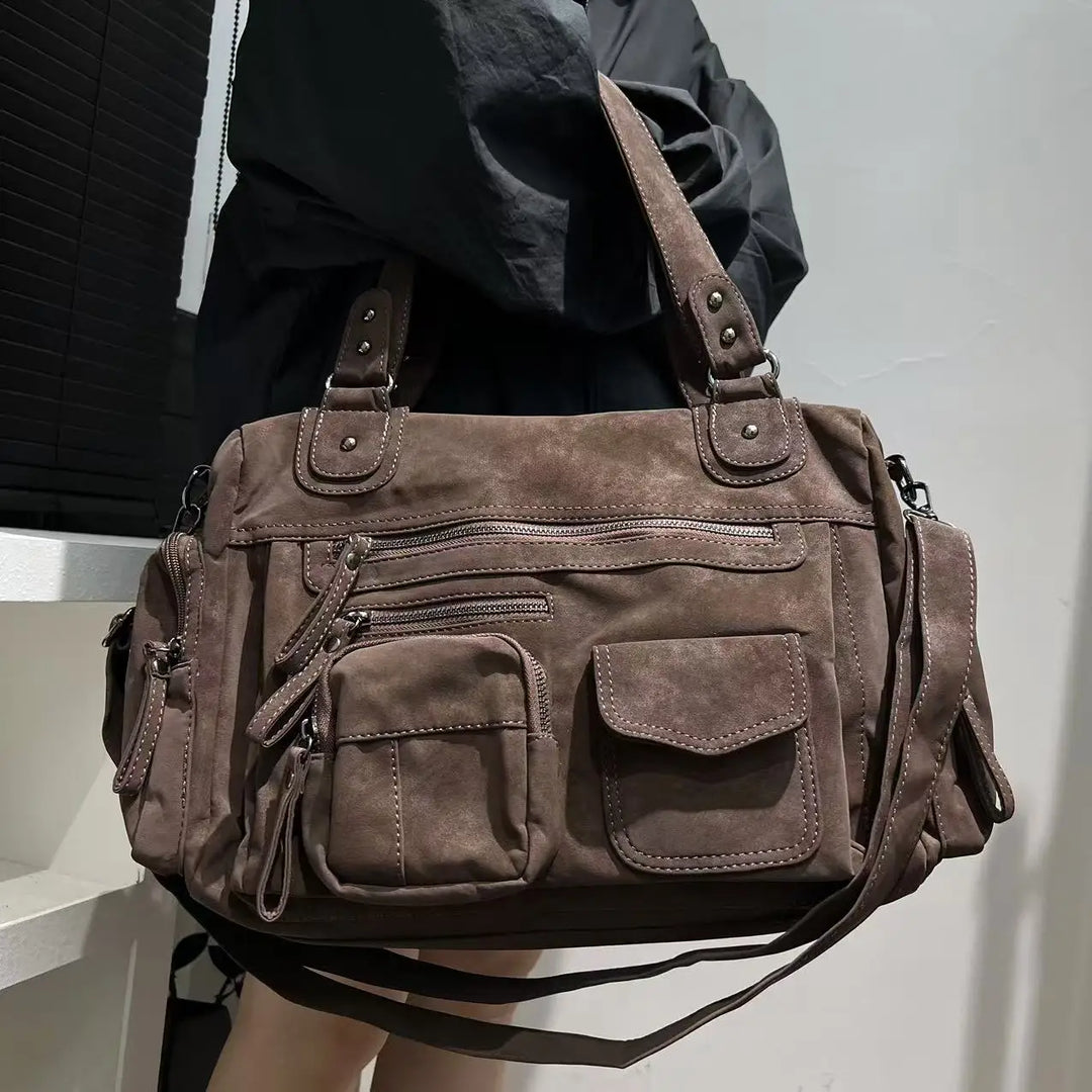 Sac cabas femme effet daim marron, grande capacité. Élégant sac à main en cuir PU pour un usage quotidien.