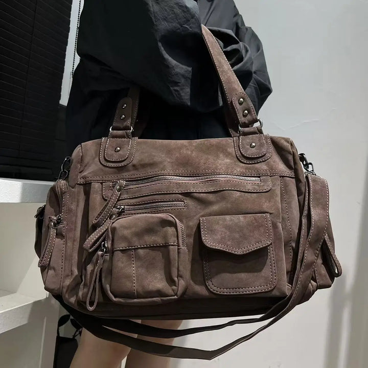 Sac cabas femme effet daim marron, grande capacité. Élégant sac à main en cuir PU pour un usage quotidien.