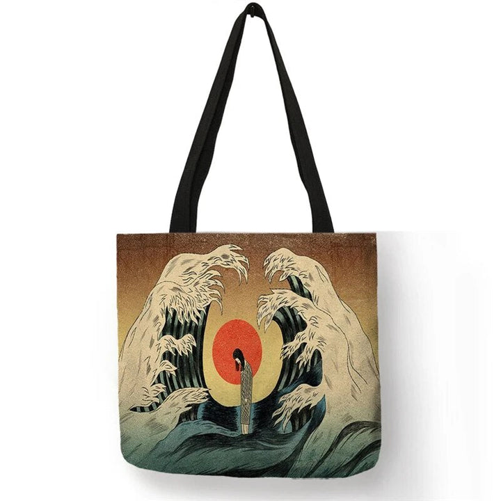 Tote bag femme élégant, motif Hokusai La Grande Vague, art japonais. Sac cabas toile, accessoire mode.