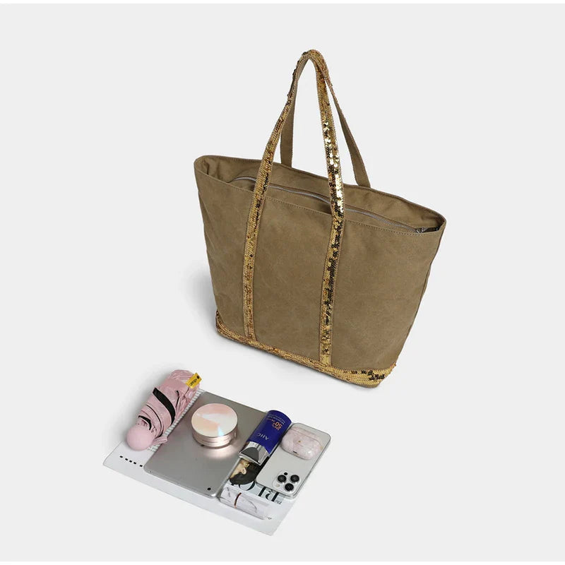 Sac cabas femme en toile pailletée argentée, chic et pratique pour le quotidien, avec grand compartiment zippé