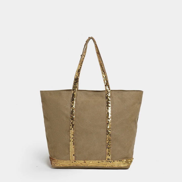 Accessoire femme: Sac cabas en toile pailletée noire avec fermeture éclair, parfait pour toute occasion