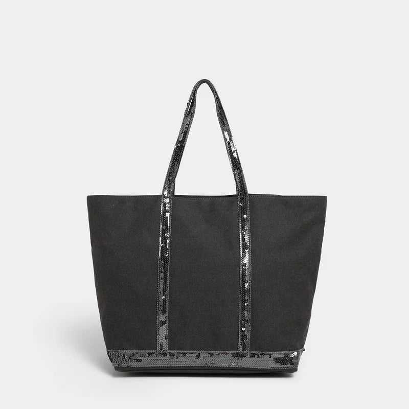 Grand sac cabas noir en toile pailletée pour femmes, idéal pour le shopping, avec fermeture éclair