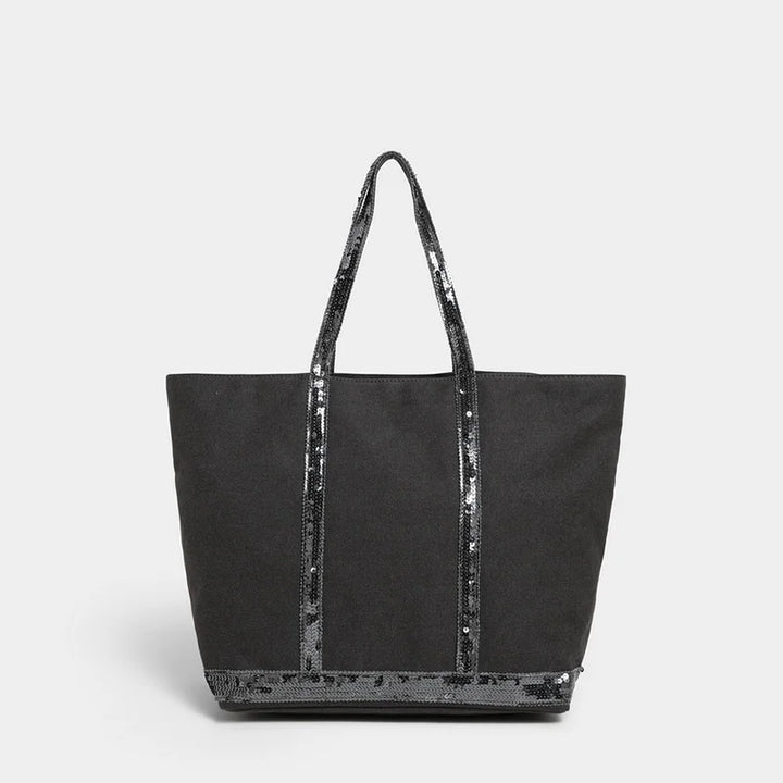Grand sac cabas noir en toile pailletée pour femmes, idéal pour le shopping, avec fermeture éclair