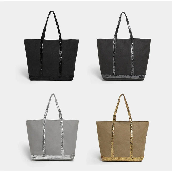 Sac cabas toile pailletée coloris rose doré, parfait pour femme, avec grande capacité et zip