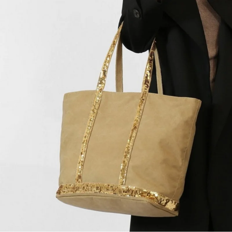 Sac shopping femme en toile pailletée grise, grand et pratique avec poignées solides et fermeture éclair