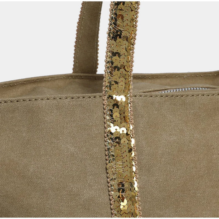 Sac cabas femme tendance en toile pailletée verte, idéal pour transporter vos affaires, fermeture éclair