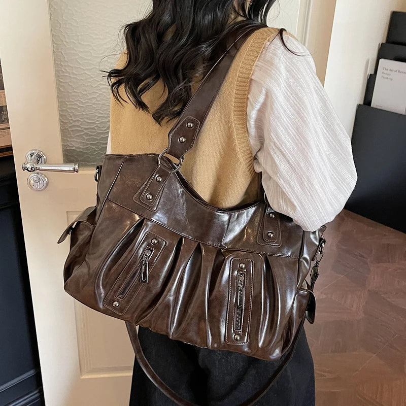 Sac cabas élégant en similicuir pour femme, pratique pour l'école, l'université ou le travail, couleur café.