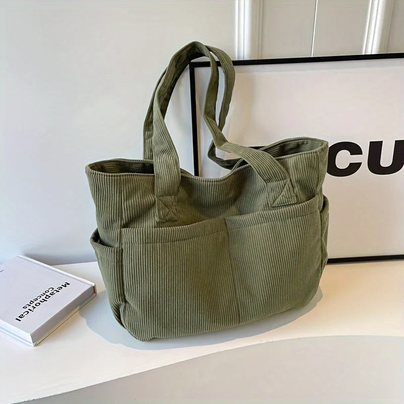 Sac cabas femme élégant en velours côtelé, idéal pour le quotidien, travail ou études.