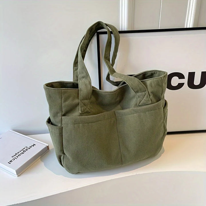 Sac cabas femme élégant en velours côtelé, idéal pour le quotidien, travail ou études.