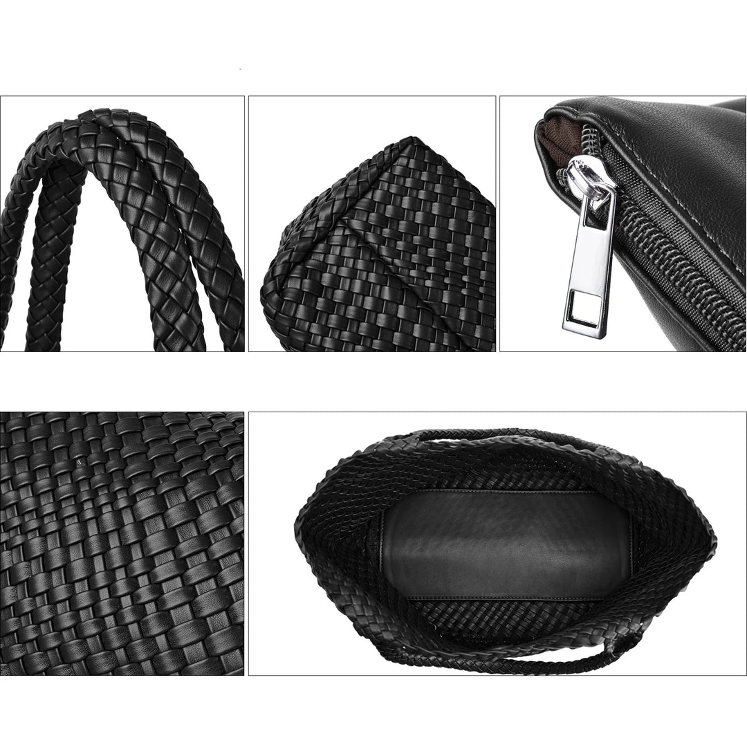 Sac fourre-tout femme en similicuir noir, accessoire mode polyvalent et spacieux.