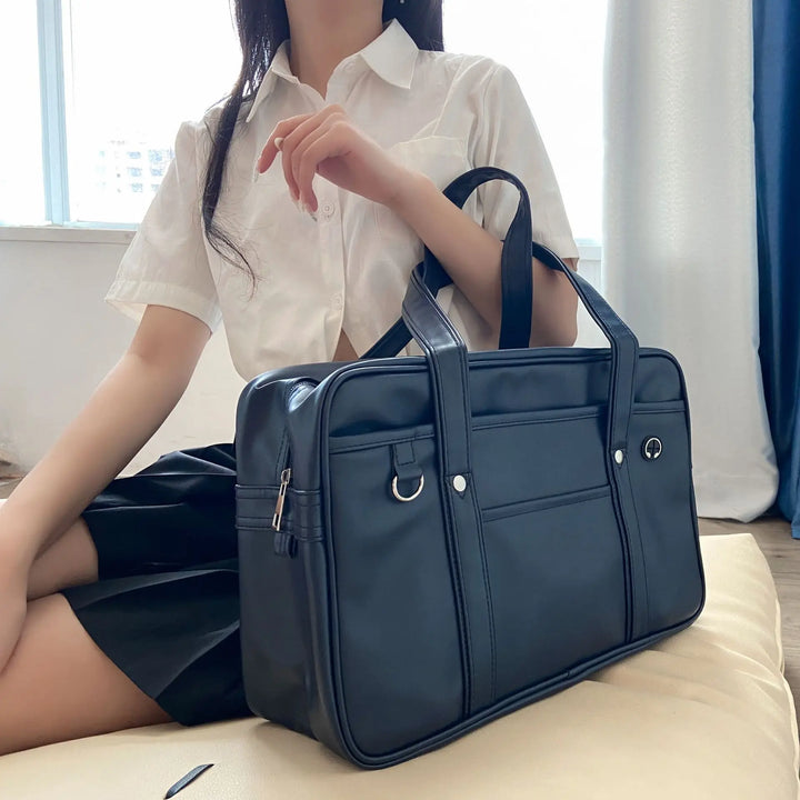 Sac cabas femme lycée grande capacité, cuir PU noir, idéal étudiante et mode femme.