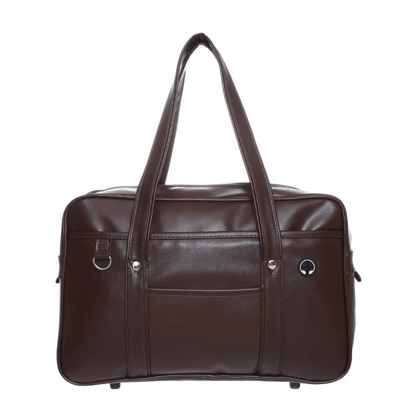 Sac cabas cuir PU couleur café, grande capacité pour lycéenne, avec bandoulière pratique.