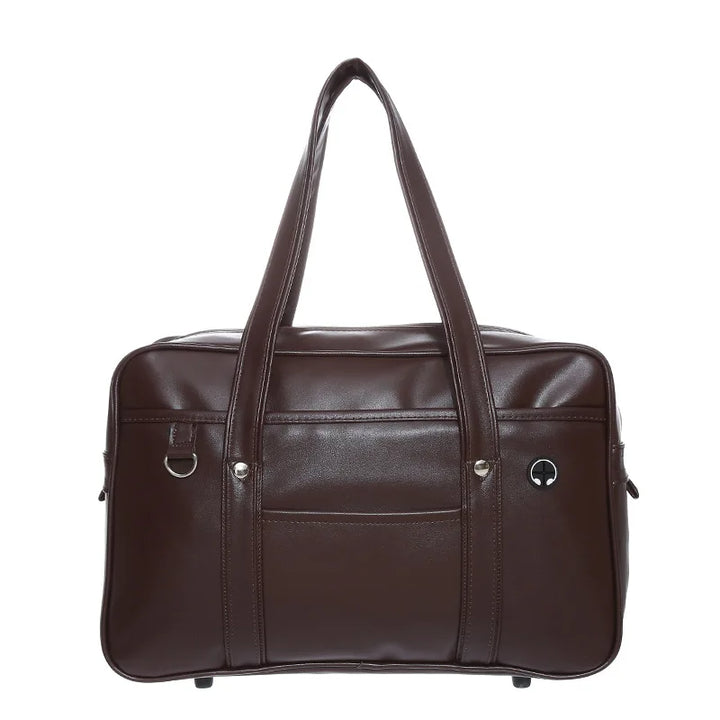 Sac cabas cuir PU couleur café, grande capacité pour lycéenne, avec bandoulière pratique.