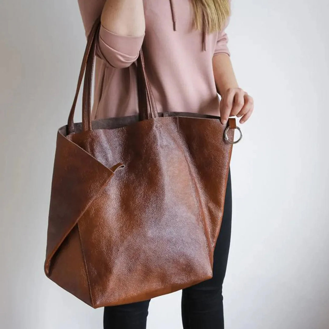 Grand sac à main cabas marron en cuir PU, idéal pour étudiante, avec anse robuste.