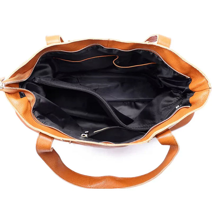 Sac cabas grand format en cuir souple camel avec fermeture zippée, idéal pour femme moderne et élégante.