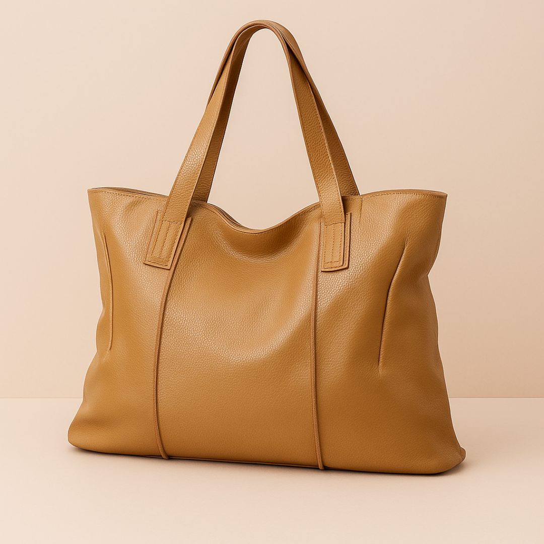 Sac cabas grand format en cuir souple camel avec fermeture zippée, idéal pour femme moderne et élégante.