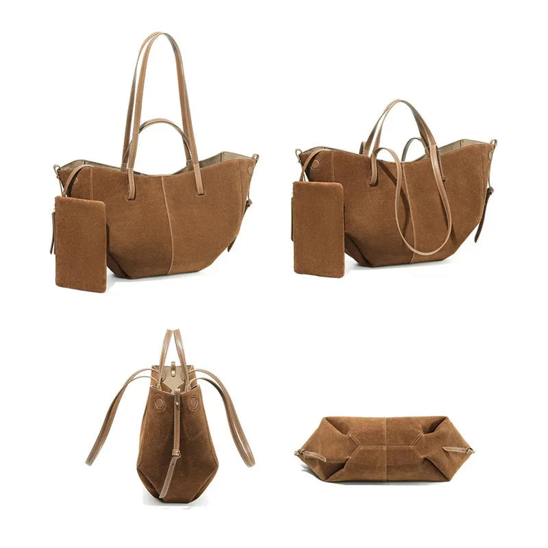 Femme portant un sac cabas en daim marron, alliant mode, élégance et praticité.