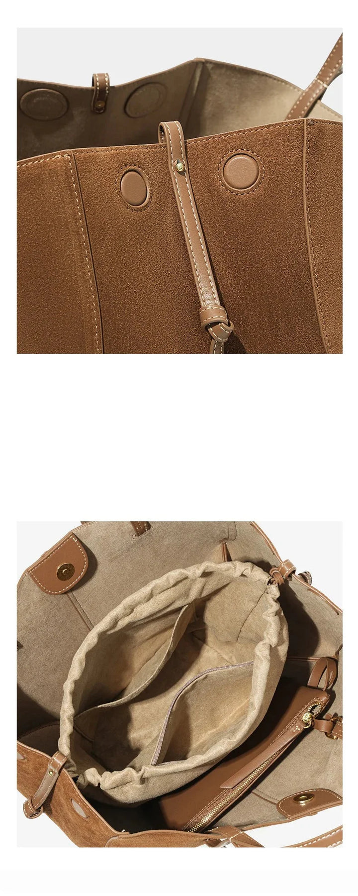 Sac cabas en daim marron posé sur une table de café, accessoire élégant et polyvalent pour femme.