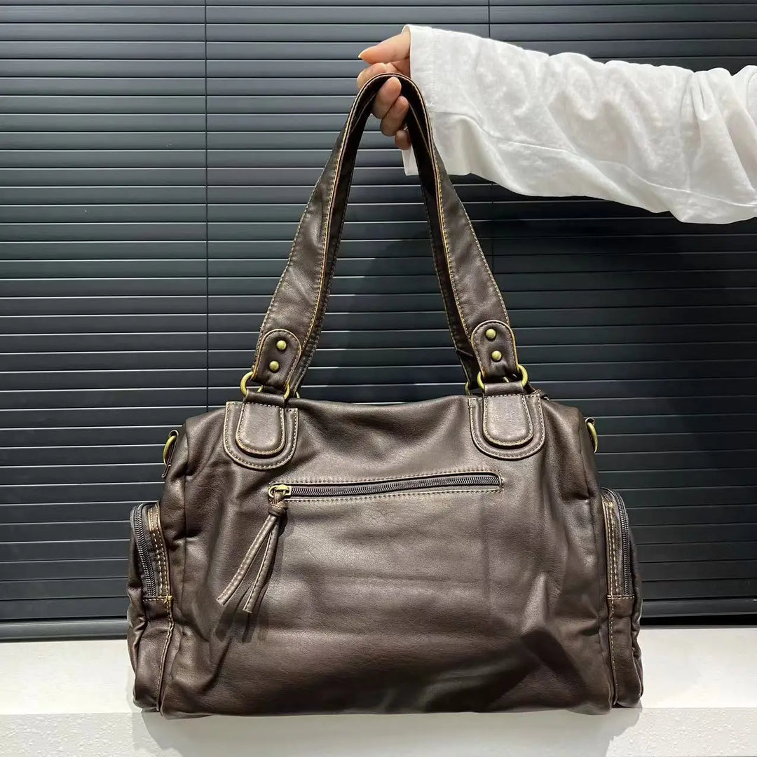 Sac à main femme marron en cuir PU, cabas élégant et polyvalent avec bandoulière pour l'épaule.